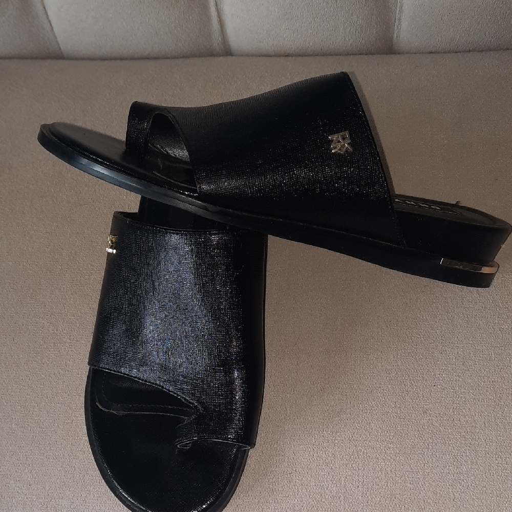 Black Slide Sandals with Gold Accent